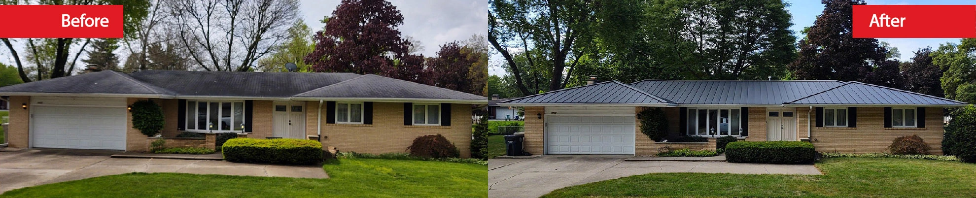 Before and After picture of a new roof installation.